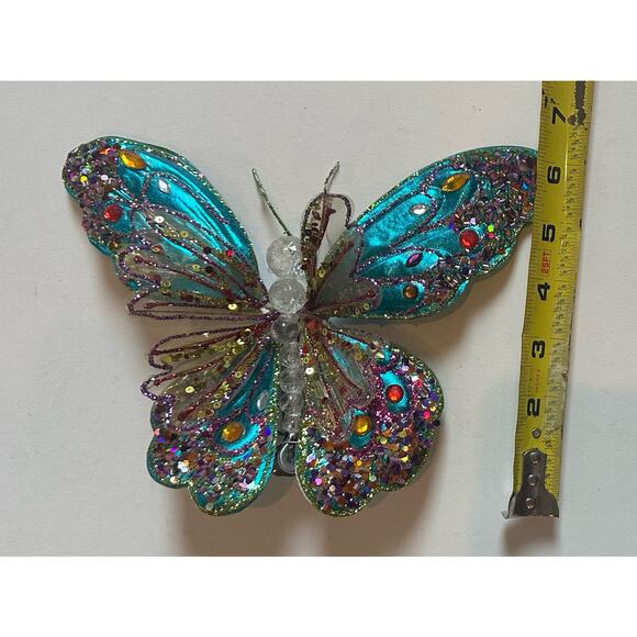 9” Aqua Butterfly Clip Ornament Glittered & Jeweled Blue, Pink, Vintage - Picture 4 of 4
